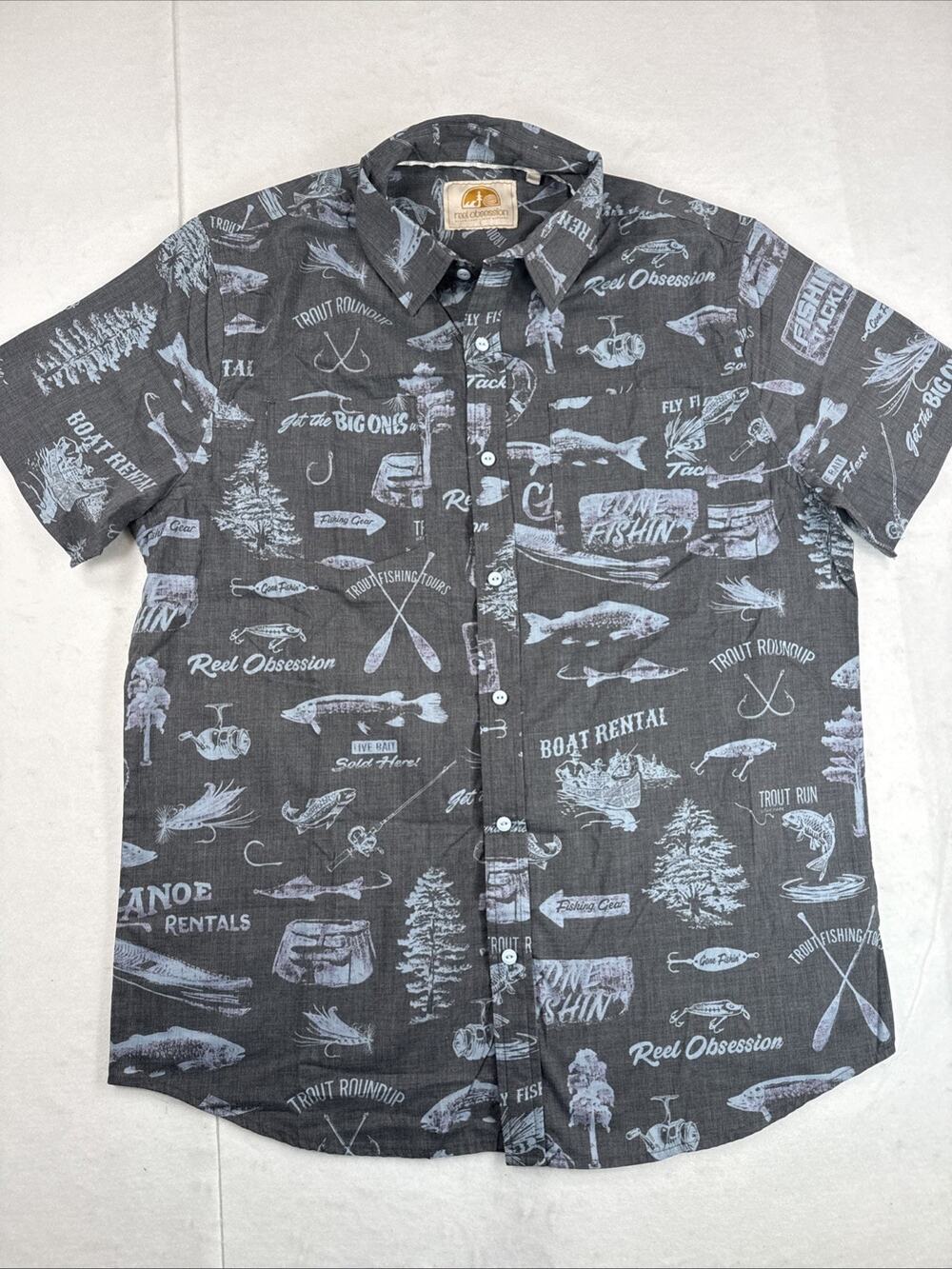 Reel Obsession Saltwater Mens L Short sleeve Button down Up Camp Fishing shirt